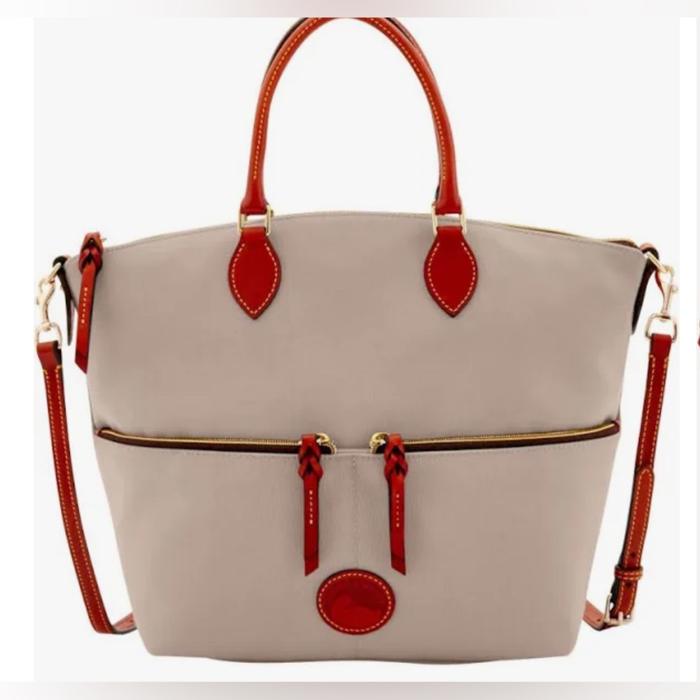 Dooney & Bourke Gray Large Pocket Satchel with Brown Leather Accents